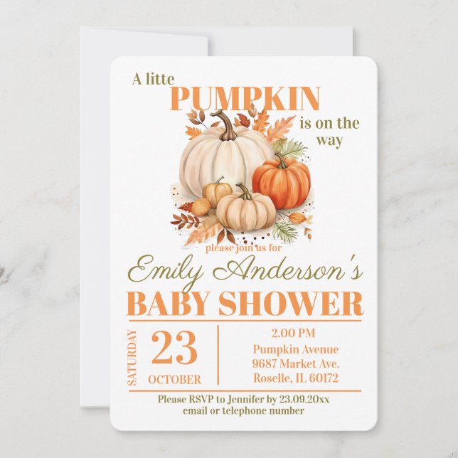 Little Pumpkin Watercolor Baby Shower Inbjudningar (Framsida)