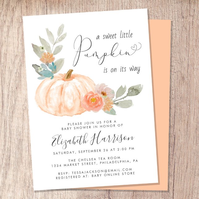 Little Pumpkin Watercolor Baby Shower Inbjudningar (Celebrate the upcoming arrival of your sweet little autumn baby with a pumpkin-themed baby shower)