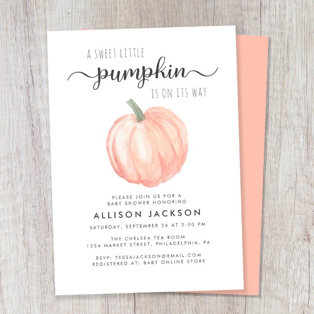 Little Pumpkin Watercolor Baby Shower Inbjudningar (Celebrate the upcoming arrival of your autumn baby with a pumpkin-themed baby shower)