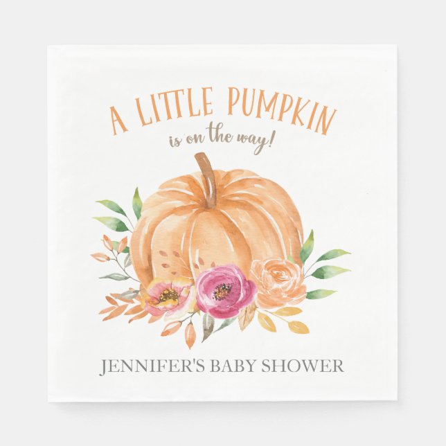 Little Pumpkin Watercolor Blommigt Baby Shower Pappersservett (Framsidan)