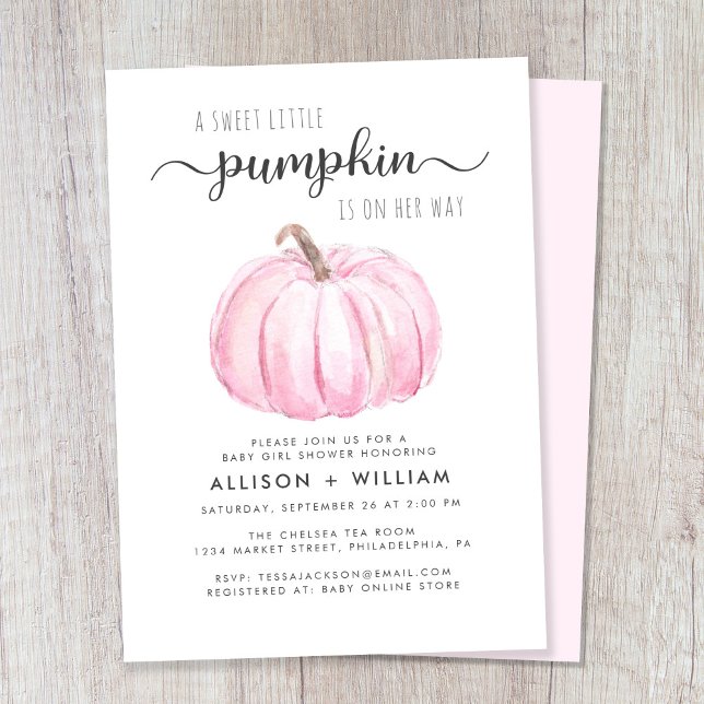 Little Pumpkin Watercolor Flicka Par Shower Inbjudningar (Celebrate the upcoming arrival of your autumn baby girl with a pumpkin-themed couple's baby shower)