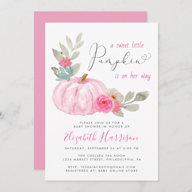 Little Pumpkin Watercolor Flicka Shower Inbjudningar (Fram/baksida)