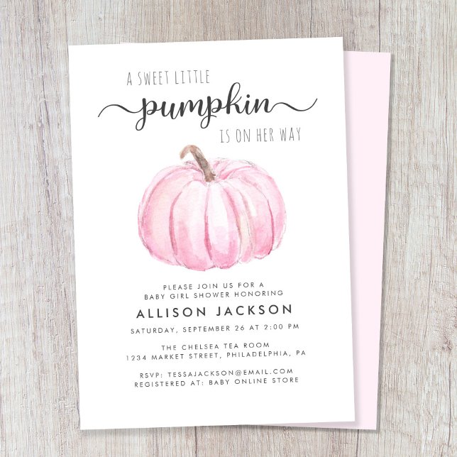 Little Pumpkin Watercolor Flicka Shower Inbjudningar (Celebrate the upcoming arrival of your autumn baby girl with a pink pumpkin-themed baby shower)