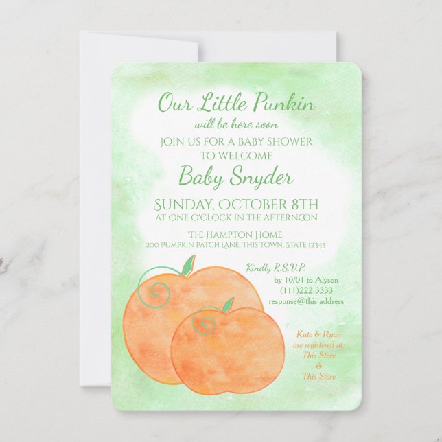 Little Pumpkin Watercolor Halloween Baby Shower Inbjudningar (Framsida)