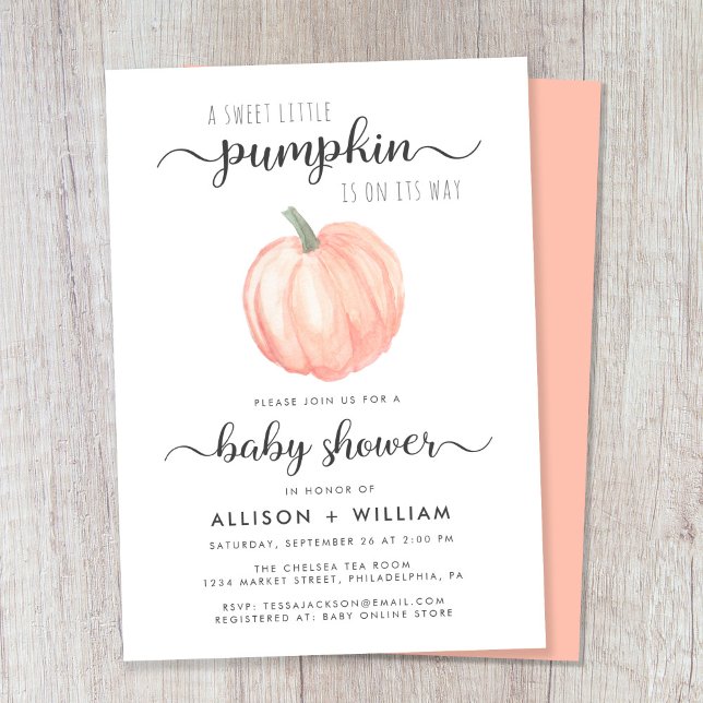 Little Pumpkin Watercolor Par Baby Shower Inbjudningar (Celebrate the upcoming arrival of your autumn baby with a pumpkin-themed couple's baby shower)
