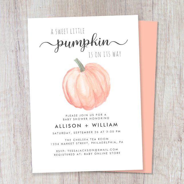 Little Pumpkin Watercolor Par Baby Shower Inbjudningar (Celebrate the upcoming arrival of your autumn baby with a pumpkin-themed couple's baby shower)