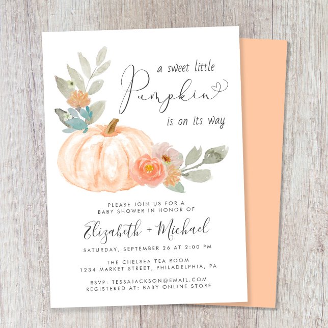 Little Pumpkin Watercolor Par Baby Shower Inbjudningar (Celebrate the upcoming arrival of your sweet little autumn baby with a pumpkin-themed baby shower)