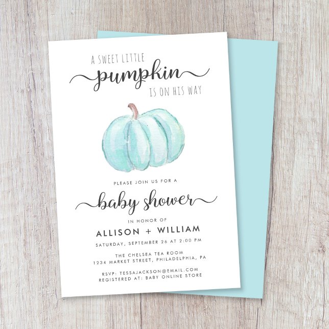 Little Pumpkin Watercolor Par Pojke Shower Inbjudningar (Celebrate the upcoming arrival of your autumn baby boy with a pumpkin-themed couples baby shower)