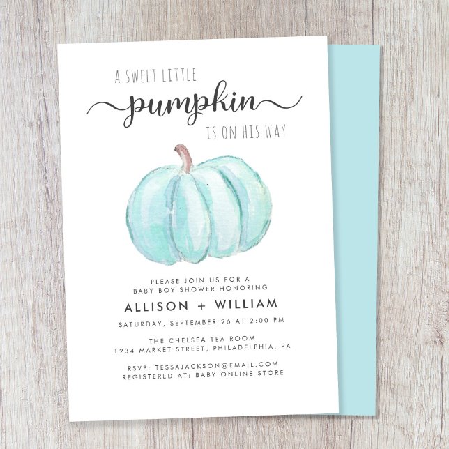 Little Pumpkin Watercolor Pojke Par Shower Inbjudningar (Celebrate the upcoming arrival of your autumn baby boy with a pumpkin-themed baby shower)