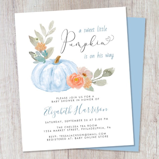 Little Pumpkin Watercolor Pojke Shower Inbjudan (Celebrate the upcoming arrival of your sweet little autumn baby with a pumpkin-themed baby shower)