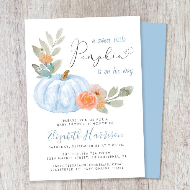 Little Pumpkin Watercolor Pojke Shower Inbjudningar (Celebrate the upcoming arrival of your sweet little autumn baby with a pumpkin-themed baby shower)