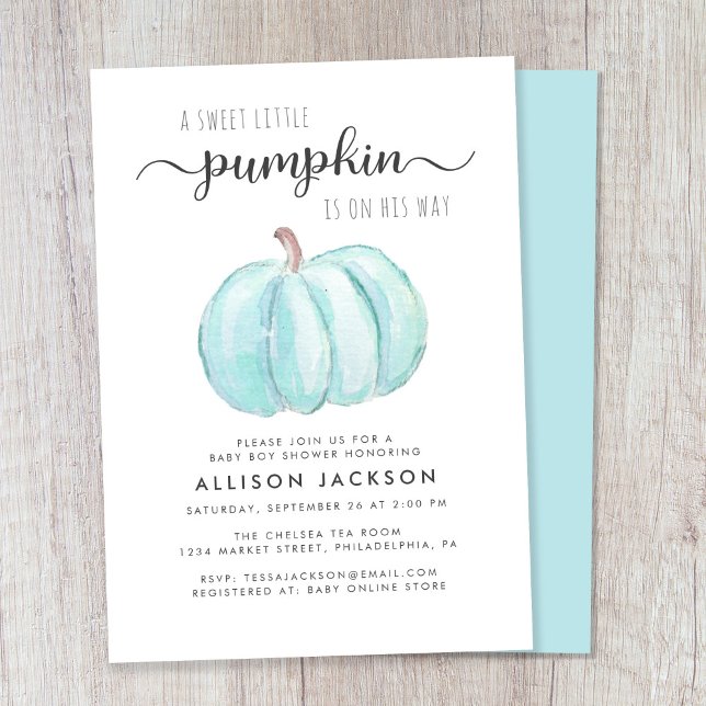 Little Pumpkin Watercolor Pojke Shower Inbjudningar (Celebrate the upcoming arrival of your autumn baby boy with a pumpkin-themed baby shower)