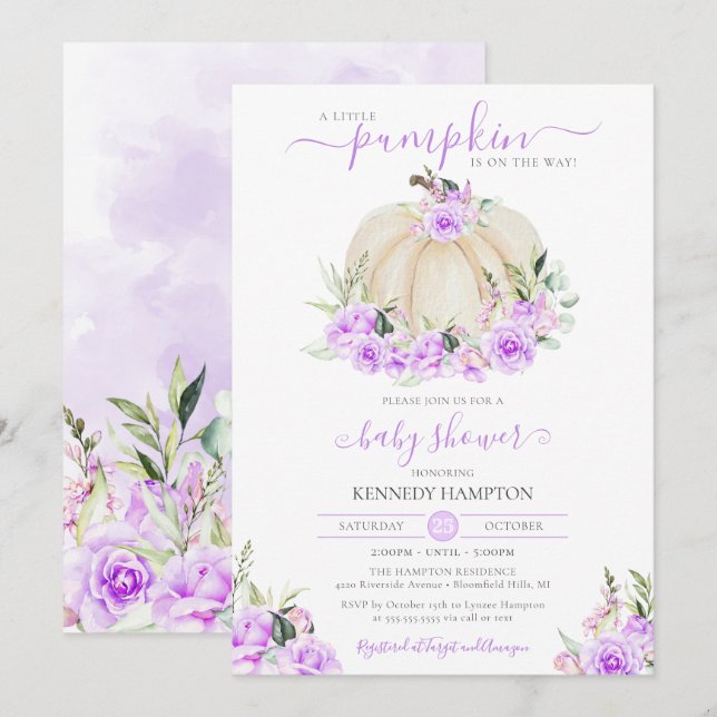 Little Pumpkin White Lila Ro Girl Baby Shower Inbjudningar (Fram/baksida)