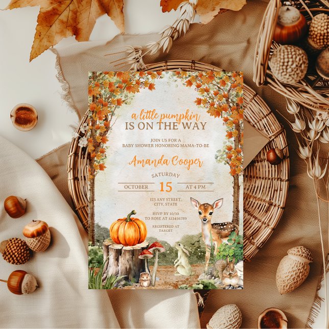 Little Pumpkin Woodland Animals Fall Baby Shower Inbjudningar (A little pumpkin is on the way baby shower invitation , fall cozy vibes)