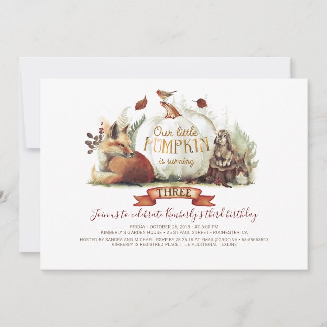 Little Pumpkin Woodland Animals Fall Birthday Inbjudningar (Framsida)