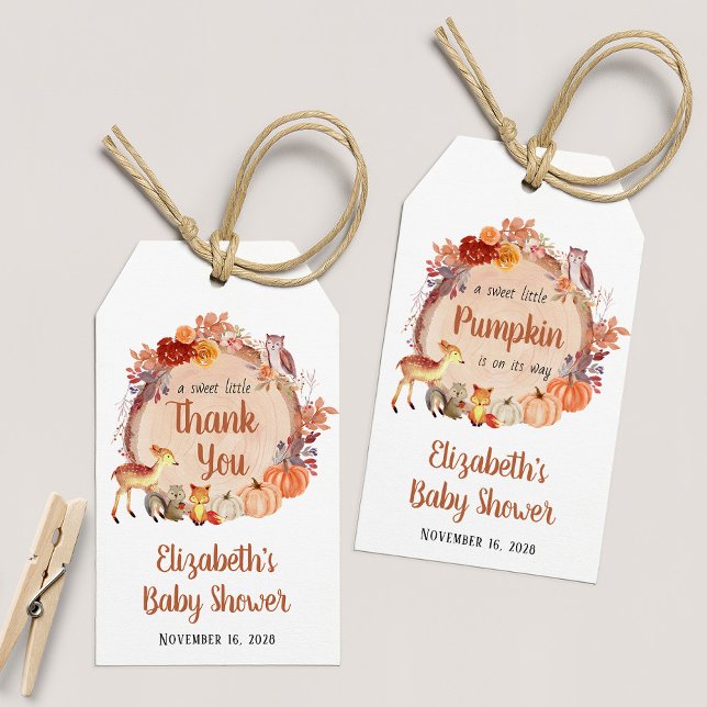 Little Pumpkin Woodland Baby Shower Tack Presentetikett (Skapare uppladdad)
