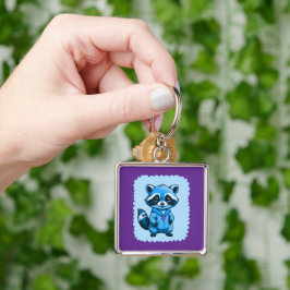 Little Raccoon in Blue Keychain Fyrkantig Silverfärgad Nyckelring