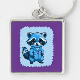Little Raccoon in Blue Keychain Fyrkantig Silverfärgad Nyckelring