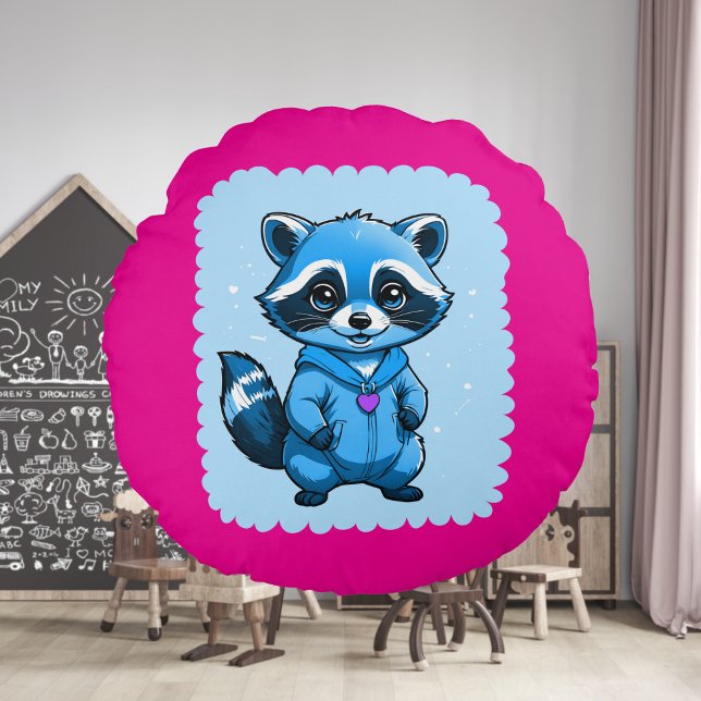 Little Raccoon in Blue Round Pillow Rund Kudde (Skapare uppladdad)
