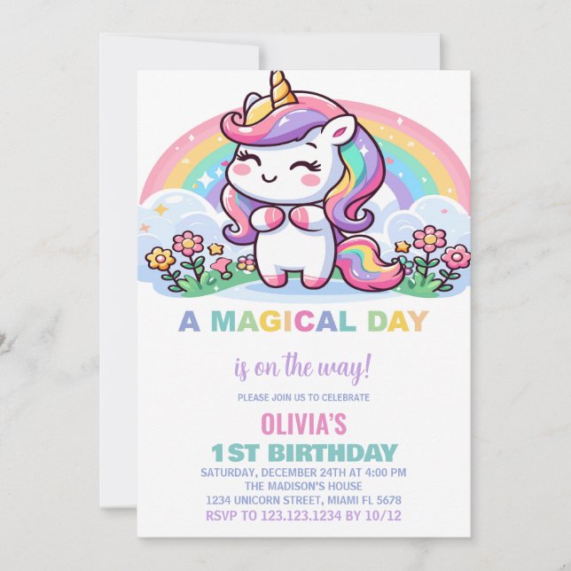 Little Rainbow Unicorn Birthday-inbjudningar Inbjudningar (Framsida)
