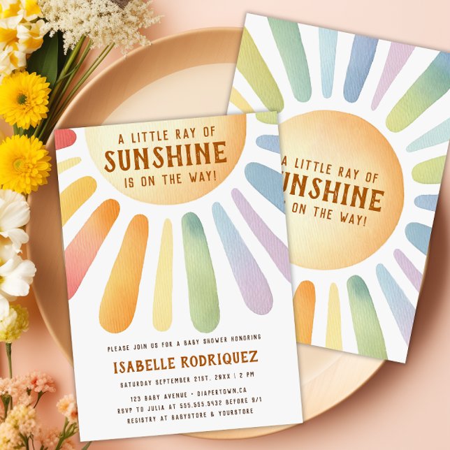Little Ray of Sunshine Boho Rainbow Shower Inbjudningar (Little Ray Of Sunshine Boho Rainbow Baby Shower Invitation - Front & Back)