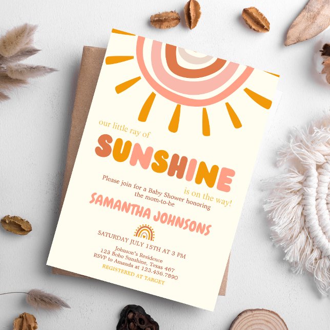 Little Ray of Sunshine Boho Sol Baby Shower Inbjudningar (Little Ray of Sunshine Retro Baby Shower Invitation)