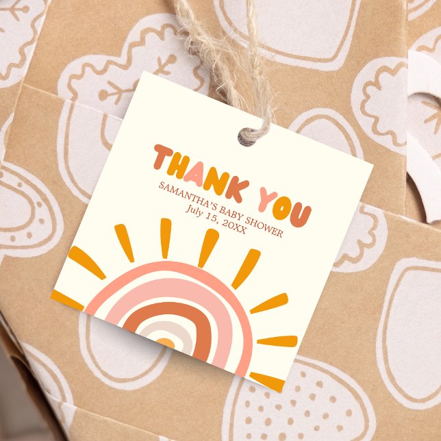 Little Ray of Sunshine Boho Sol Baby Shower Square Gåvor Etiketter (Little Ray of Sunshine Retro Baby Shower Square Favor Tags)