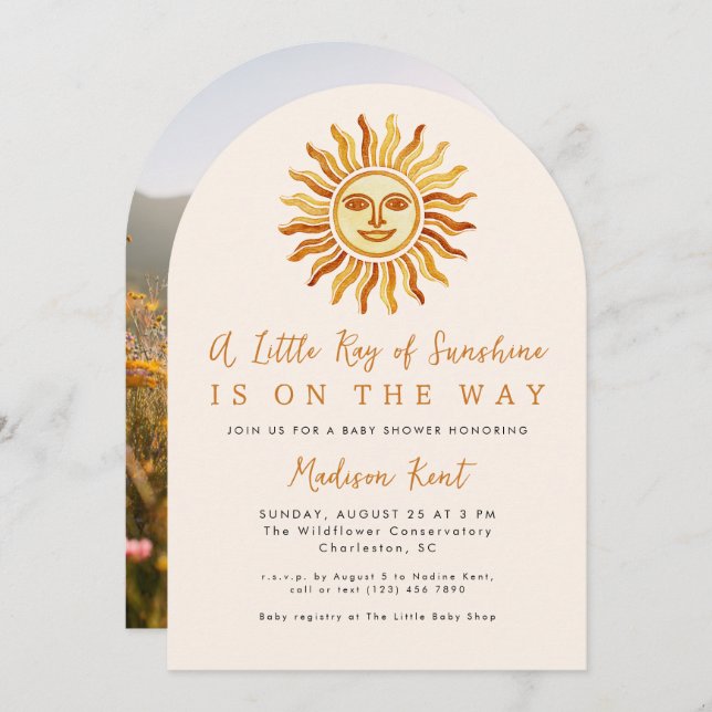 Little Ray of Sunshine Boho Sun Photo Baby Shower Inbjudningar (Fram/baksida)