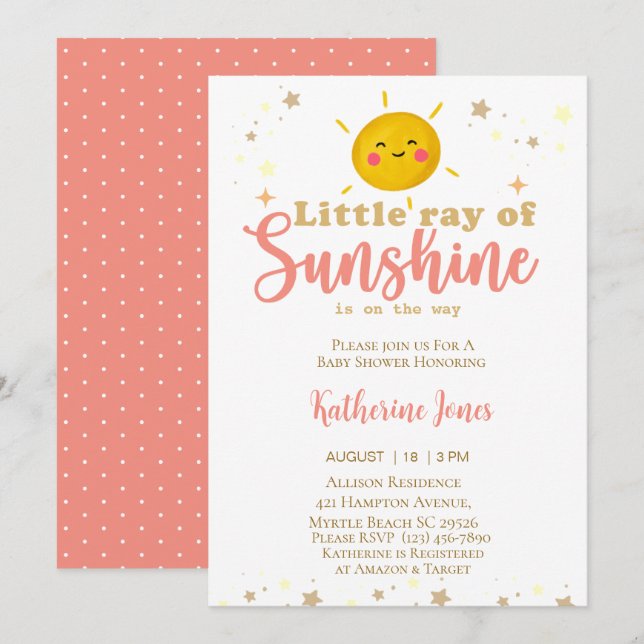 Little Ray of Sunshine Girls Baby Shower Inbjudningar (Fram/baksida)