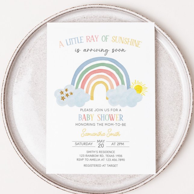 Little Ray of Sunshine Rainbow Shower Inbjudningar (Little Ray of Sunshine Baby Shower Invitation)