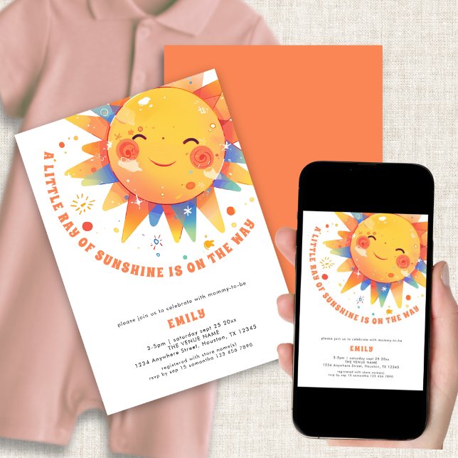 Little Ray of Sunshine Retro Baby Shower Inbjudningar (Front and back view. Available digitally and printed)