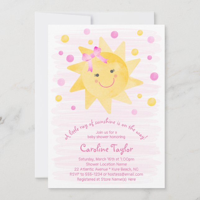 Little Ray of Sunshine Rosa Gult Baby Shower Inbjudningar (Framsida)