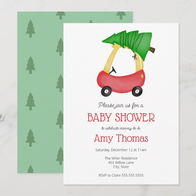 Little Red Car med Julgran Baby Shower Inbjudningar (Fram/baksida)