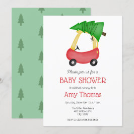 Little Red Car med Julgran Baby Shower Inbjudningar