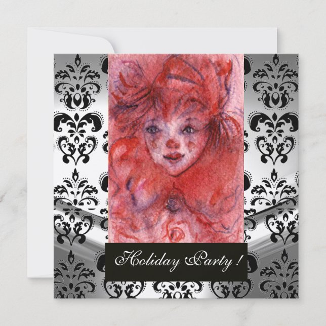 LITTLE RED CLOWN ,Black White Damask Silver Metall Inbjudningar (Framsida)