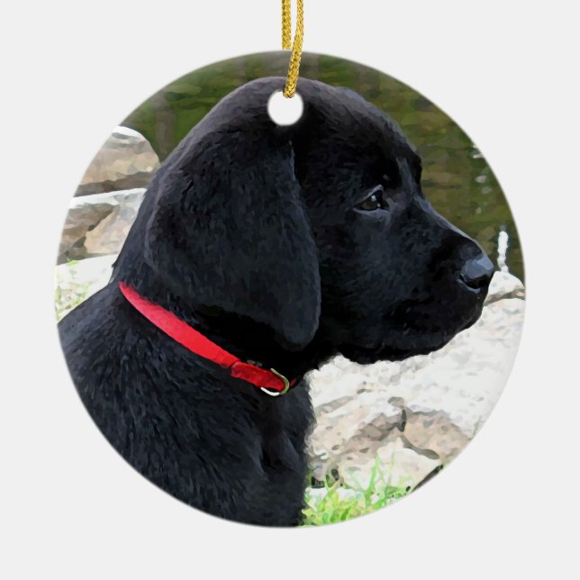 Little Red Collar - Svart lab Puppy - Labrador Julgransprydnad Keramik (Framsidan)