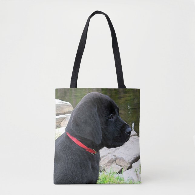 Little Red Collar - Svart lab Puppy - Labrador Tygkasse (Framsida)
