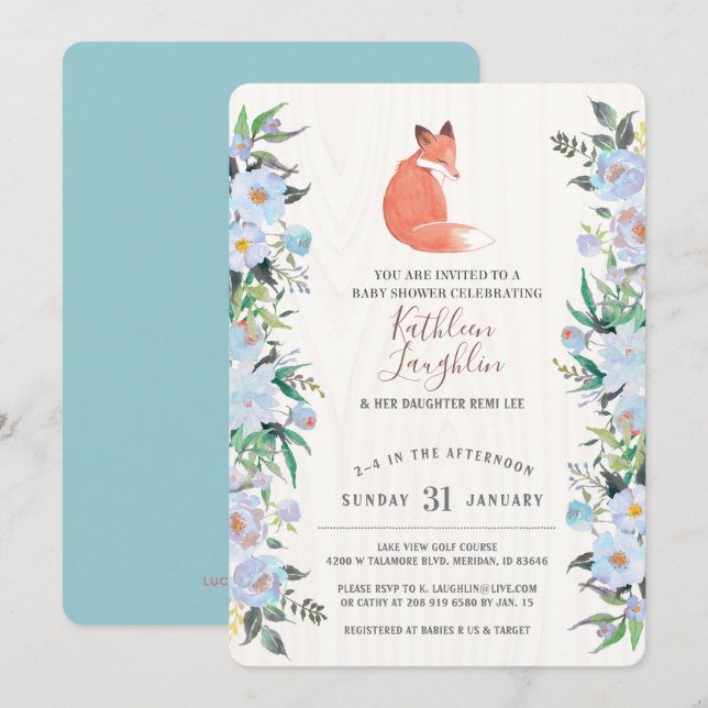 Little Red Fox Blue Blommigt Baby Shower-inbjudan Inbjudningar (Fram/baksida)