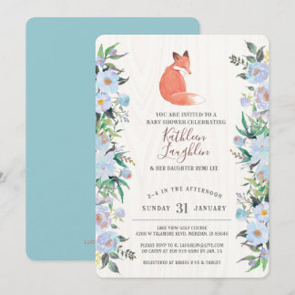 Little Red Fox Blue Blommigt Baby Shower-inbjudan Inbjudningar