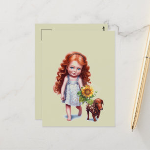 Little Red Head Girl Walking Dachshund Postcard Vykort