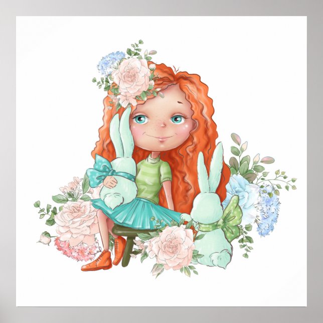 Little Red Hled Girl med Bunnies Flowers Poster (Framsidan)