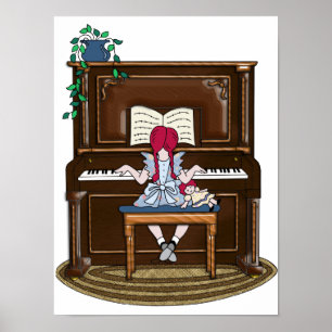 Little Red Hled Girl Practicing Piano Poster