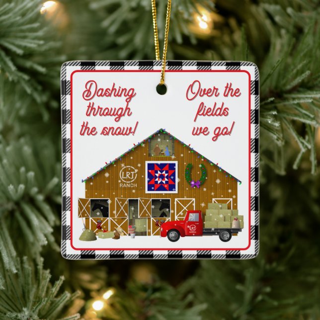 Little Red Lastbil med Horse Ranch Barn Julgransprydnad Keramik (Träd)