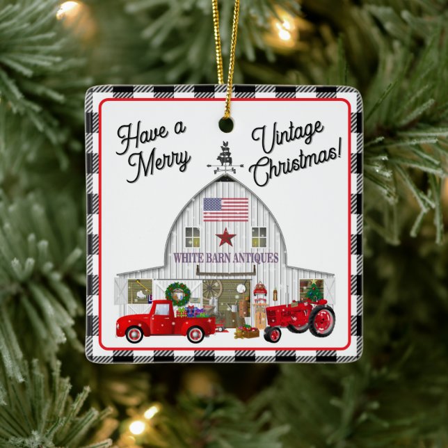 Little Red Lastbil och Antique White Barn Julgransprydnad Keramik (Träd)