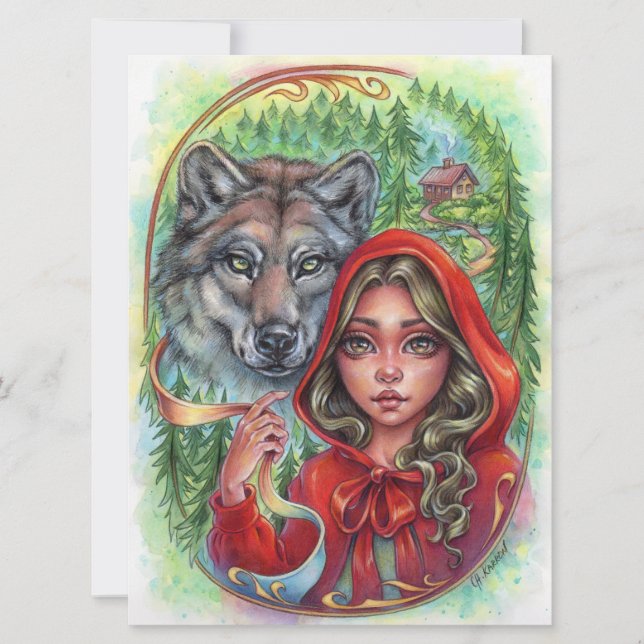 Little Red Riding Huva Art Card Varg Fairytale (Framsida)