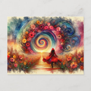 Little Red Riding Huva Blommigt Portal Watercolor Vykort