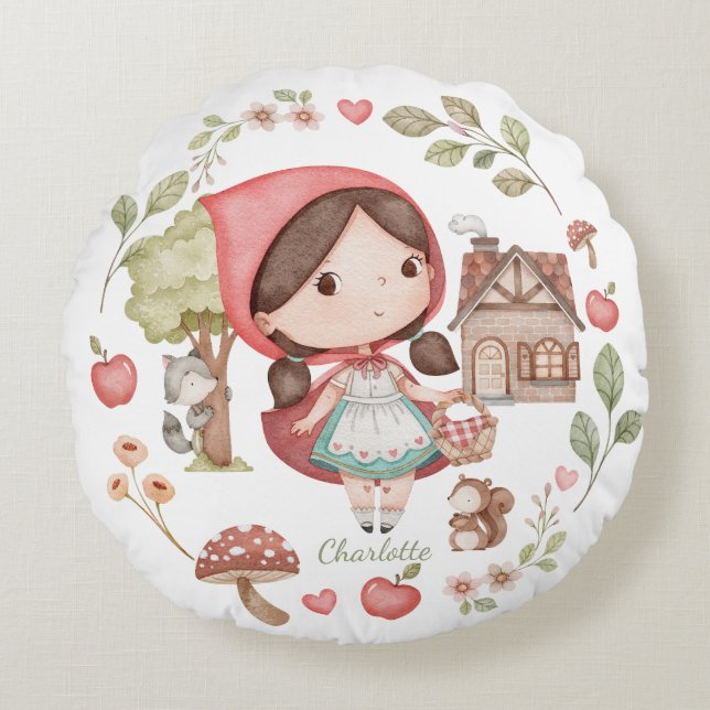 Little Red Riding Huva Cute Whimsical Rund Kudde (Framsidan)