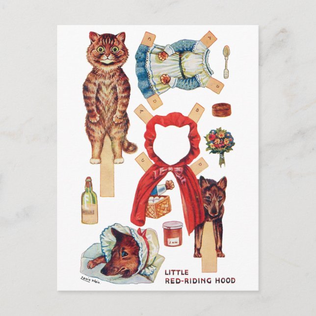 Little Red Riding Huva, Papper Doll, Louis Wain Vykort (Framsida)