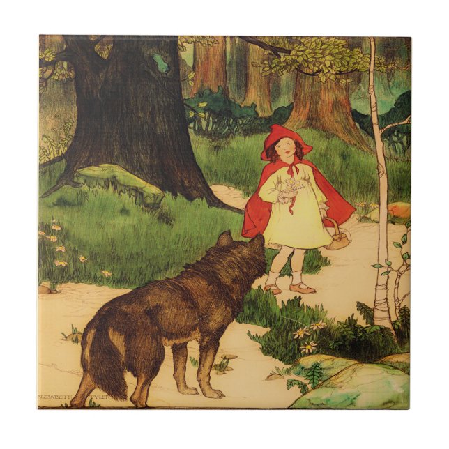 Little Red Riding Huva Varg Vintage Repro Kakelplatta (Framsidan)