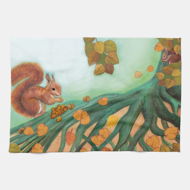 Little Red Squirrel äter Hazelnut Illustration Kökshandduk (Horisontell)